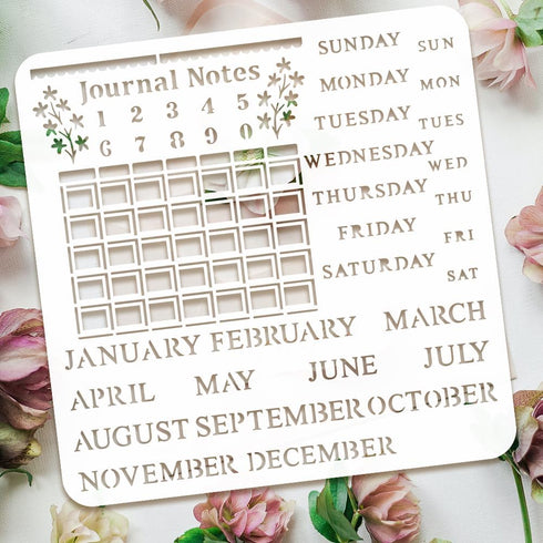 FINGERINSPIRE Calendar Stencil Template 11.8x11.8 inch Journal Notes Painting Stencil Plastic Number Month Week Letter & Flowers Patterns Stencil ...