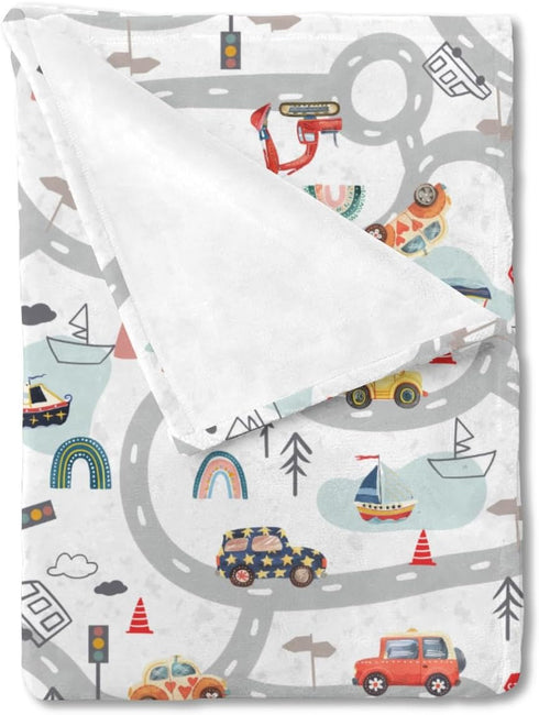 Cartoon Road Car Vehicles Baby Blanket for Boy Girl City Roadway Truck Boat Mountain Forest Rainbow Flannel Receiving Blanket Soft Swaddle Blanket...