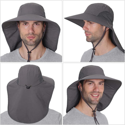 Wide Brim Sun Hat with Neck Flap, Adjustable Outdoor 50+UPF Protection Safari Cap Womens Mens Hiking Fishing Hat...