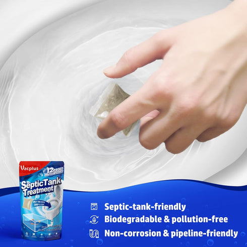 Vacplus Septic Tank Treatment - 12 Packs for 1-Year Supply, Flushable & Dissolvable Septic Tank Treatment Packets with Easy Operation, Biodegradab...