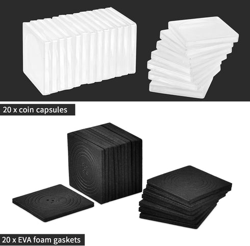 Coin Snap Holders, 20 Pieces Silver Dollar Coin Holder, Coin Capsule Storage Box with 5 Size (20/25/30/35/40 mm) Adjustable Gaskets, Coins Collect...