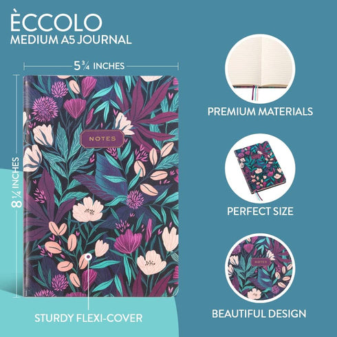Eccolo Medium Lined Journal Notebook, Flexible Cover, A5 Writing Journal, 256 Ruled Ivory Pages, 3 Ribbon Bookmarks, Lay Flat, Notebook for Work o...