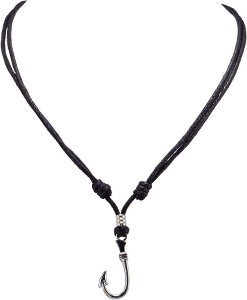 BlueRica Fish Hook on Adjustable Black Cord Necklace (Chrome Finish)...
