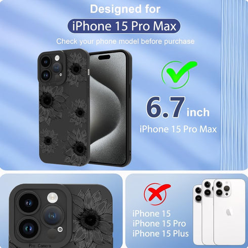 OOK Floral case for iPhone 15 Pro Max Case, Cute Sunflower Floral Blooms Design Soft TPU Shockproof Protective for Women girls Phone Cover - Black...