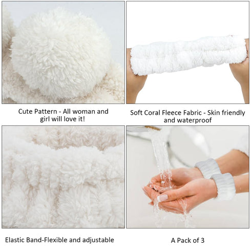 AHONEY Spa Bear Ears Headband, Face Wash Headband and Wristband Set, Cute Makeup Skincare Headbands Wrist Bands for Washing Face Fluffy Headband f...
