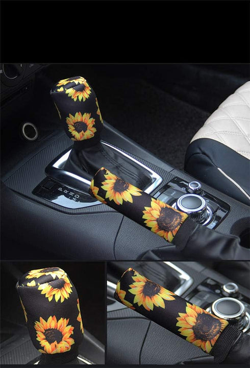 Sunflower Auto Gear Shift Knob Cover+Handbrake Cover Set Washable Neoprene Cloth...