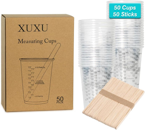 50pcs 8oz Graduated Clear Plastic Measuring Cups with Wooden Stirring Sticks for Mixing Paint, Pigments, Epoxy Resins, Resins...