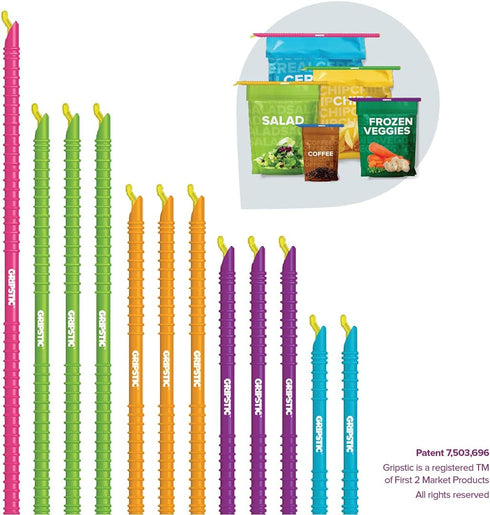 GripStic 12pc Assorted Bag Clips. Durable and reusable chip clips seal food bags air tight. Set includes: (2) 5" Blue, (3) 7.25" Purple, (3) 8.75"...