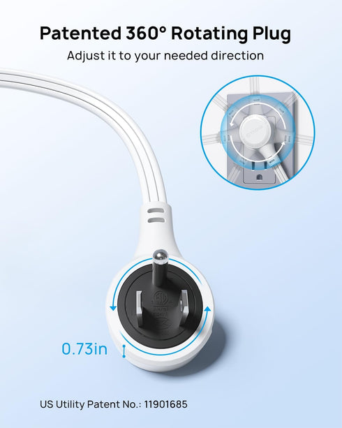 TROND Flat Extension Cord 6ft with 360° Rotating Plug, Low Profile Power Strip, Three Prong 3 Way Plug Extension Outlets, Electrical Power Cord Ex...