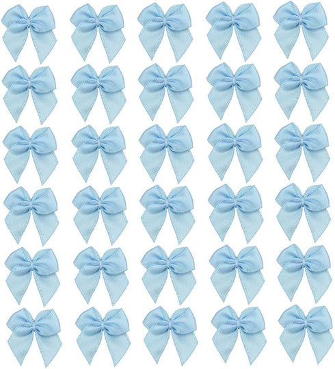 7Rainbows 50pcs Boutique Mini Light Blue Satin Ribbon Bows Flowers Appliques DIY Craft for Sewing Scrapbooking Wedding and Gift...