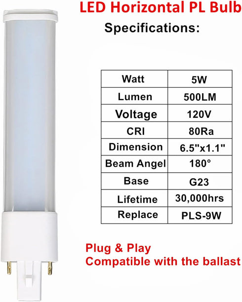 2 Pack 5W G23 LED Bulb, 2 pin U Shaped PL CFL PLS-9W Replacement, 5.3" Length G23 Bulb Plug and Play 2Pin LED Tube, Daylight White G23 Bulb 500LM ...