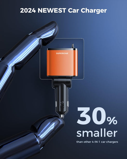 SUPERONE Smaller Retractable Car Charger, 4 in 1 Fast Car Phone Charger 69W with Cord 2.6ft, USB C and Apple Car Charger Adapter, Compatible with ...
