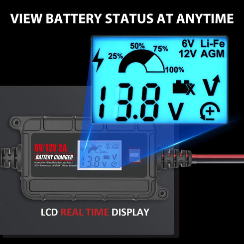 TN TONNY Automotive Use 12V 2A Battery Trickle Charger, 6V/12 Volt Lead Acid & 14.6V LiFePO4/12.6V Li-ion Battery Charger Maintainer, Smart Batter...