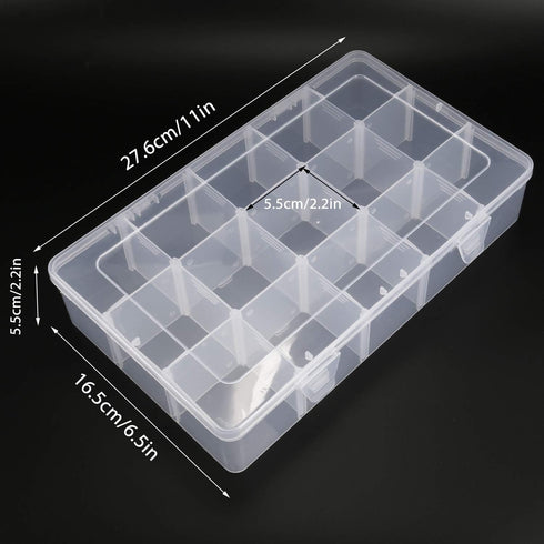 2 Pack 15 Grids Clear Plastic Organizer Box with Adjustable Dividers, Craft Storage Containers for Jewelry, Beads, Screws, Tackle Box, Washi Tapes...