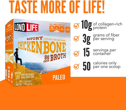 LonoLife Chicken Bone Broth Powder Mix | 10g Protein | Collagen-Rich, Keto & Paleo Friendly | Natural Ingredients | 10 Single-Serve Cups...