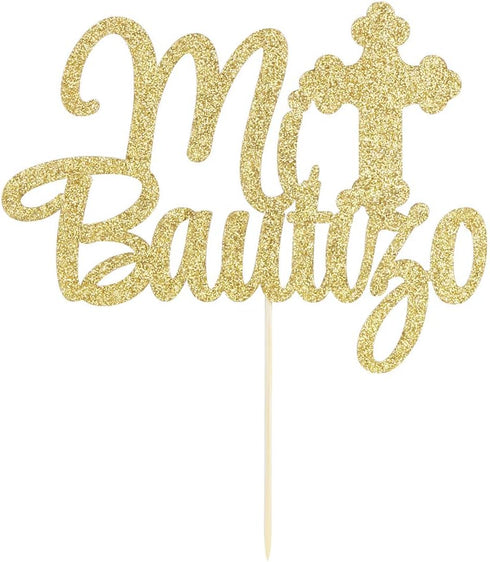 PALASASA Gold Glitter Mi Bautizo Cake Topper - Religious God Bless Me Cross Cake Décor - Holy First Communion Baby Shower - Christening Feliz Cump...