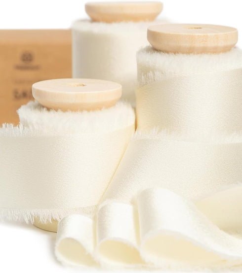 Vitalizart Silk Satin Ribbon 1 Inch x 15 Yard Wooden Spool Cream White Handmade Frayed Ivory Ribbon for Gift Wrapping Baby Shower Wedding Bridal B...