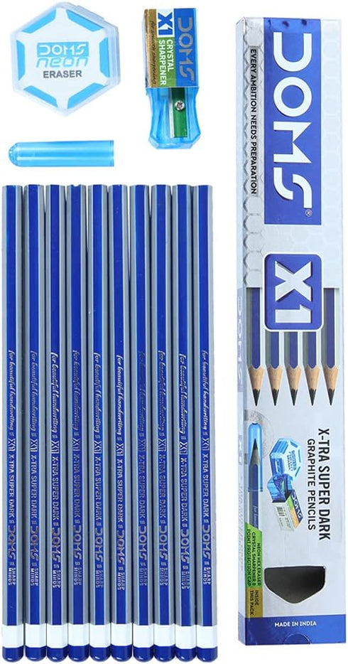Doms X1 X-Tra Super Dark Pencils 1 Pack - 10 Pencils - 1 Eraser + 1 Sharpner + 1 Protection Cap Free...