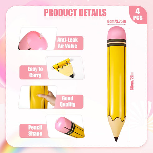 4pcs Large Inflatable Pencils, 27 Inch Giant Pencil Balloons Blow Up Back to School Decorations for Kids Classroom Prizes Party Favors Graduation ...