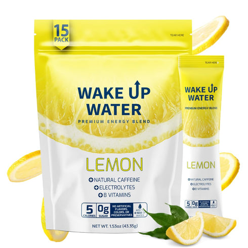 Wake Up Water - Energy + Hydration Sugar Free 15 Packet, Lemon Flavor - Energy Drink Powder, Electrolytes Powder Drink, Natural Caffeine Mix Packe...