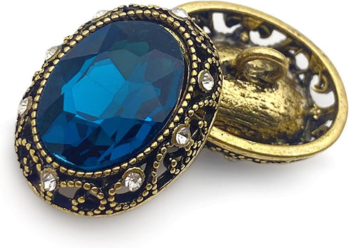 10 pcs Whole Oval Cut Blue Rhinestone Vintage Copper Hollow Metal Shank Sewing Coat Buttons -25mm -1"...