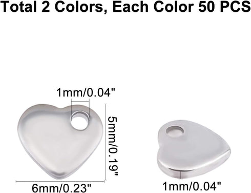 UNICRAFTALE 100pcs 2 Colors Flat Heart Pendants - Tiny Love Stainless Steel Hypoallergenic Metal Charm - 1mm Hole for DIY Jewelry Findings - 6mm W...