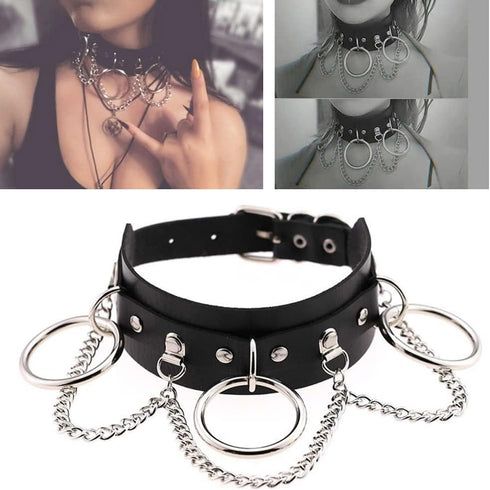 Punk Goth Choker Necklace Adjustable PU Leather Chain Alloy O-Ring Tassel Pendant Choker Vintage Circle Clavicle Collar Halloween Cosplay Costume ...