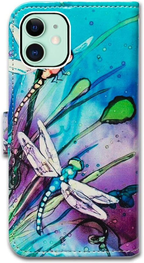 Case for iPhone 12 Mini, Cute Dragonfly Leather Flip Phone Case Wallet Cover with Card Slot Holder Kickstand for iPhone 12 Mini...