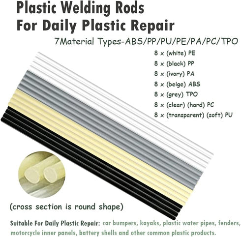 106pcs Plastic Welding Rods ABS PP PU PE PA PC TPO 7 Types of Plastic Welder Rods for Car Bumper Kayak Repair Kit with Reinforcing Stainless Steel...