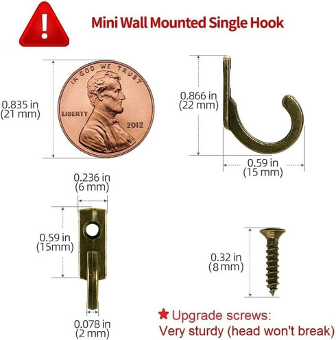 58 Pieces Wall Mounted Hook, Steel Small Coat Hooks, Bronze Single Hanger for Jewelry, Key, Hat, Kitchen Towel Little Hook with Black Screws for F...
