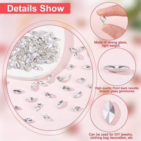 FINGERINSPIRE 100 Pcs Horse Eye Glass Rhinestones Gems Pointed Back Rhinestone 0.6x0.3x0.2 inch Clear Jewels Embelishments with Silver Plated Back...