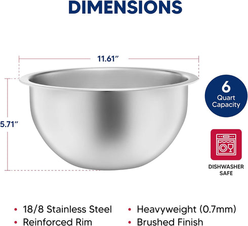 HIC Kitchen Mixing Bowl, Heavyweight 18/8 Stainless Steel, 6-Quart Capacity...