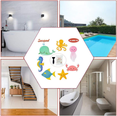 Non Slip Bathtub Stickers, 14 PCS Large Sea Adhesive Kids Anti Slip Decal Treads for Shower and Bath Tub with Premium Scraper...