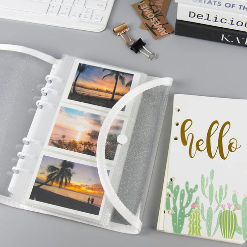 A6 Binder Cover Clear Glitter Soft PVC Binders Folder White Refillable 6-Ring Binder Envelopes Binder Cover with Snap Button Closure for Filler Pa...