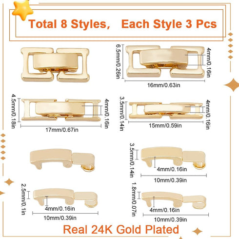 SUNNYCLUE 24PCS 8 STYLES 24K Gold Plated Fold Over Clasp Necklace Extension Clasps Metal Golden Bracelets Extender Fastener Clasps Bulk for Jewelr...
