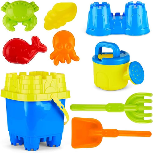 PREXTEX 10 Piece Beach Sand Toys Set for Kids - Bucket with Sifter, Shovel, Rake, Watering Can, 5 Animal and Castle Sand Molds for Kids & Toddlers...