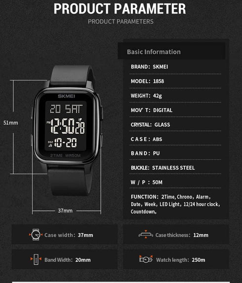 Gosasa Classic Square Face Unisex Women's Men's Digital Multifunction Outdoor Casual Watch Countdown 50M Waterproof Led Light Wristwatch...