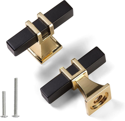 Cabinet Pulls Matte Black and Gold Cabinet Handles, 10 Pack Square Black and Gold T Bar Cabinet Handles Drawer Cabinet Knobs Cupboard Hardware, St...
