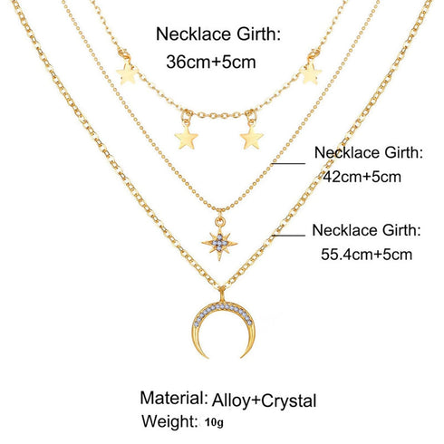 Boho Layered Star Necklace Choker Gold Crescent Moon Pendant Necklace Rhinestone North Star Necklace CZ Star Charm Festival Celestial Necklace Jew...