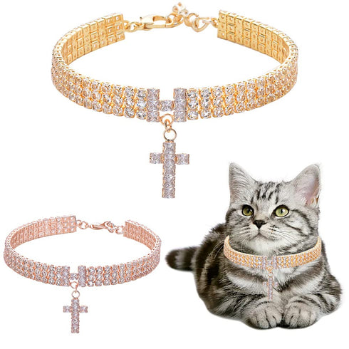 Pet Collar with Diamonds Adjustable Sparkling Jewelry Cross Rhinestone Dog Chain Collar Wedding Cat and Dog Small Pet Necklace Jewelry (M, Rose Go...