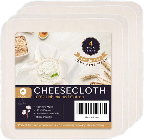 Precut Cheesecloth, 15 x 15'' 4 Pack, Grade 100, Ultra Fine for Straining & Cooking, 100% Unbleached Cotton Cheese Cloth for Making Cheese...