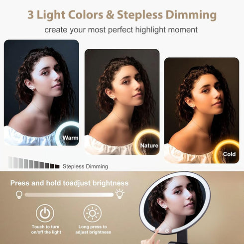 MILEDUO Rechargeable Travel Makeup Mirror with Lights, 6.3 inch Foldable Compact Mirror 850mAh Battery, 3 Color Light Touch Screen for Travel and ...
