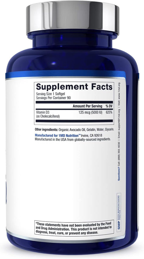 1MD Nutrition Vitamin D3 5000 IU Softgels | Bone Health, Muscle Function, & Immune Support | Gluten Free and Non-GMO with Organic Avocado Oil | 3-...
