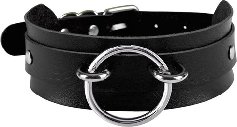 Men's Black Wide Faux Leather Collar Choker Adjustable Thick PU Necklace for Women,Alloy Metal Big Round Ring Charm...