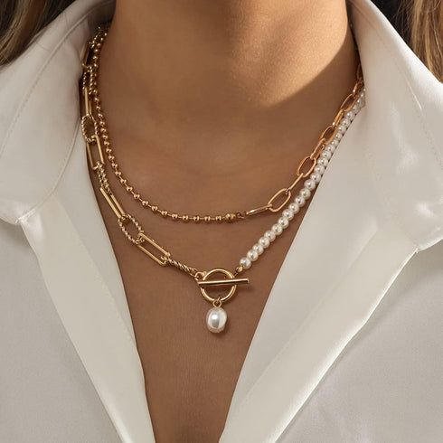 Dainty Pearl Pendant Necklaces Layered Baroque Choker Necklace Vintage White Pearl Chain Necklace Faux Pearls Statement Jewelry Gift for Women Tee...