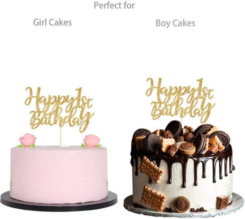 Gold Glitter Happy 1st birthday cake topper, Gold 1 years old birthday party decorations, girl or boy birthday cake toppers...