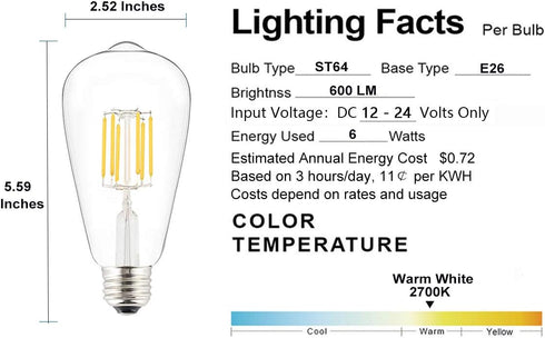 Low Voltage DC 12V/24V 6W LED Bulb, Edison Style ST21(ST64) Antique Shape, 12V PWM DC Dimmer, E26 Common Base, Warm White Light, 600LM, 60W Incand...