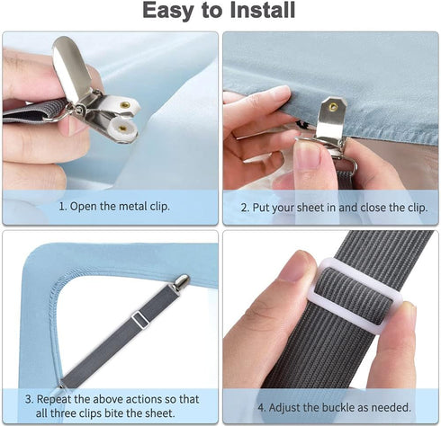 Sheet Fasteners, Sopito 4pcs Adjustable Elastic Straps to Keep Sheets in Place Heavy Duty Non Slip Bed Cover Grippers Clips for Crib to King Size ...