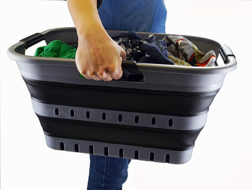 SAMMART 30L (8 Gallon) Collapsible 3 Handled Plastic Laundry Basket - Foldable Pop Up Storage Container/Organizer - Space Saving Hamper/Basket (Gr...