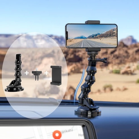 Flexible Gooseneck Extension Suction Cup Car Mount Holder with Phone Holder for Gopro Hero 12 Black, Hero 11/10/9/8/7 Black, 4 Session, 4 Silver, ...